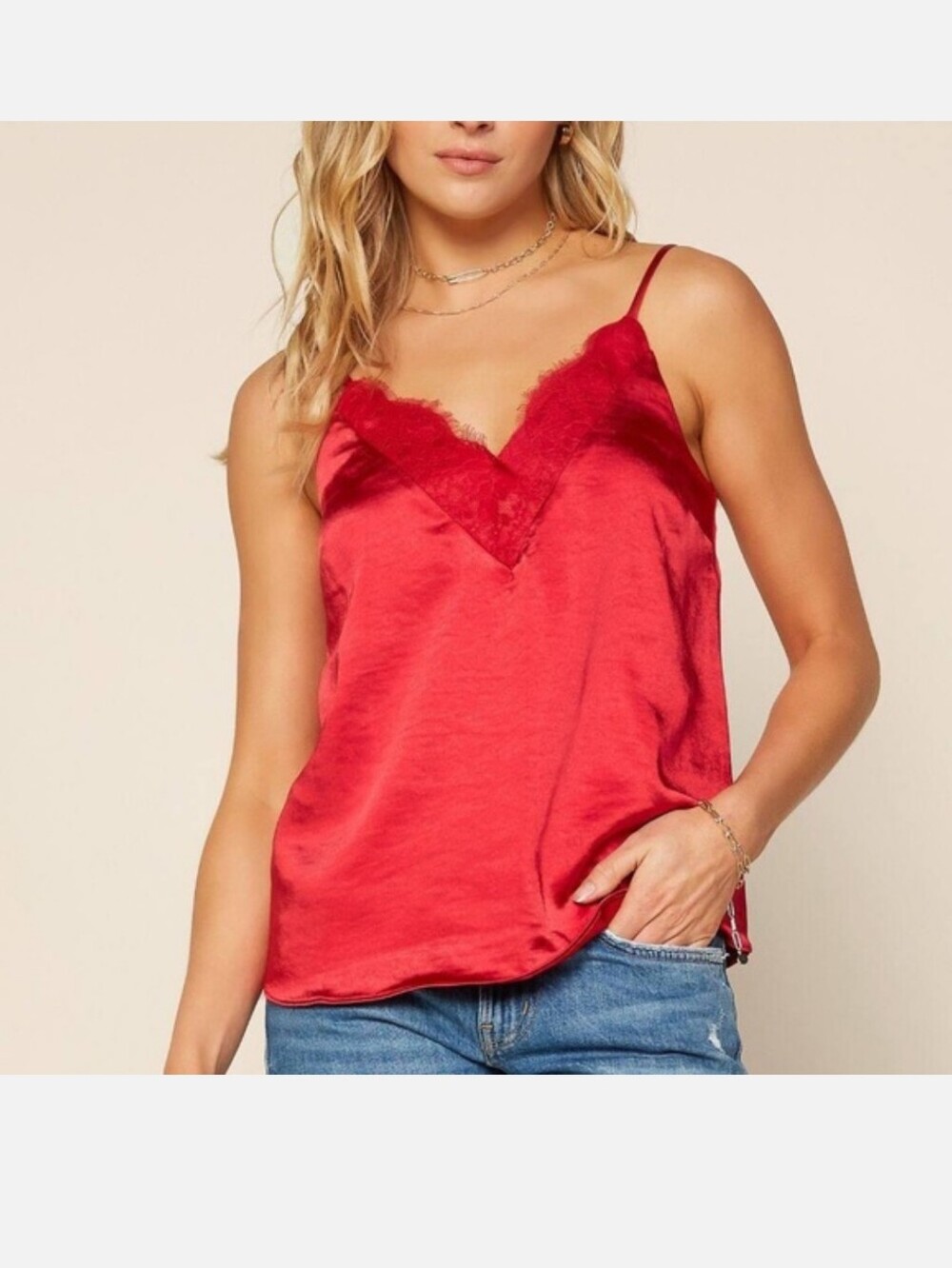 Skies Are Blue/ Red Lace Detail Cami Top  L